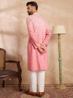 Men Pink Silk Blend Ombre Embroidered Straight Kurta Sets-MKSET1720
