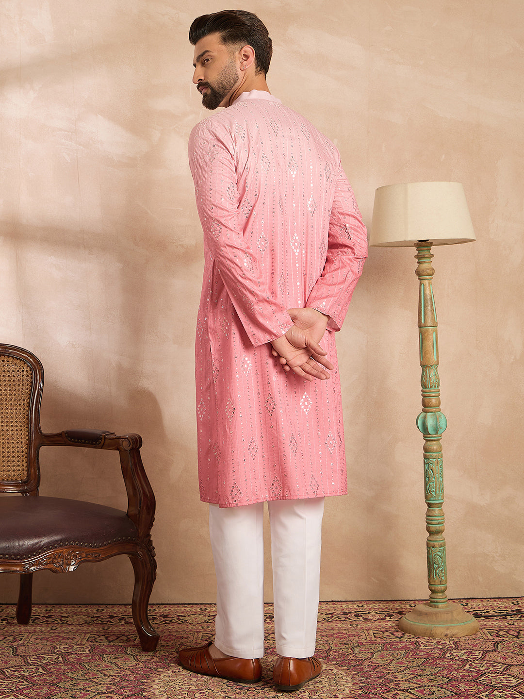 Men Pink Silk Blend Ombre Embroidered Straight Kurta Sets-MKSET1720