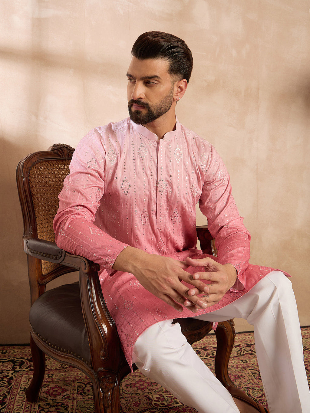 Men Pink Silk Blend Ombre Embroidered Straight Kurta Sets-MKSET1720