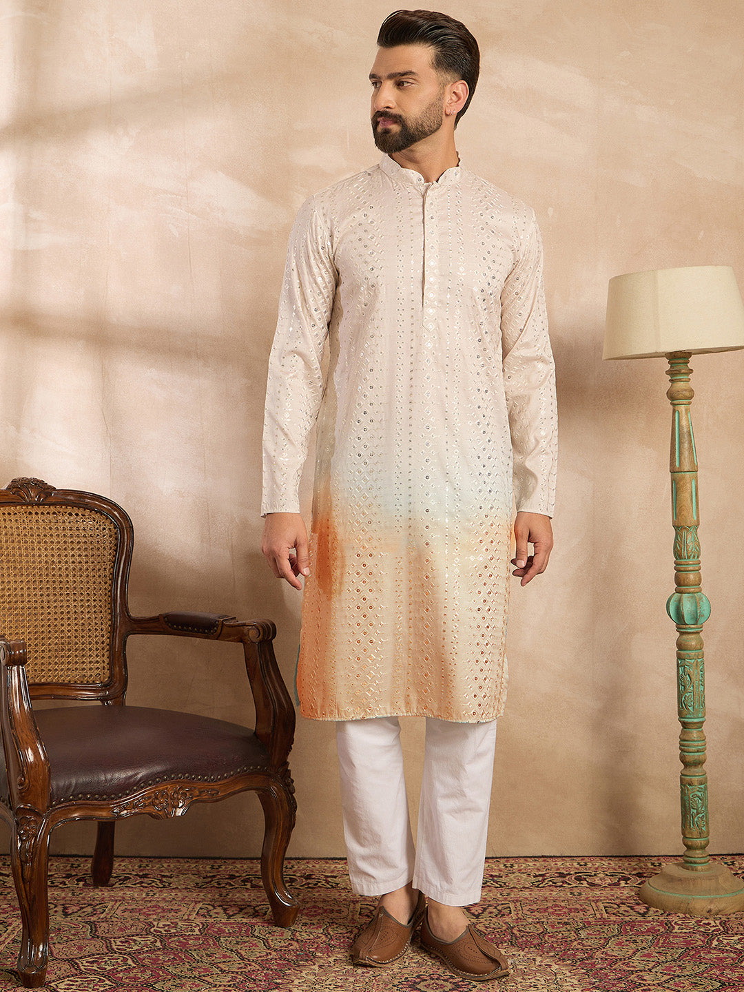Men Peach Silk Blend Ombre Embroidered Straight Kurta Sets-MKSET1724