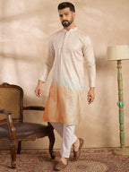 Men Peach Silk Blend Ombre Embroidered Straight Kurta Sets-MKSET1724