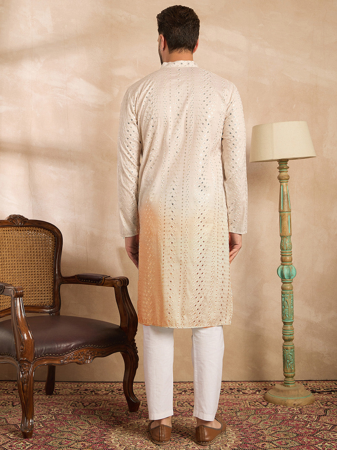 Men Peach Silk Blend Ombre Embroidered Straight Kurta Sets-MKSET1724