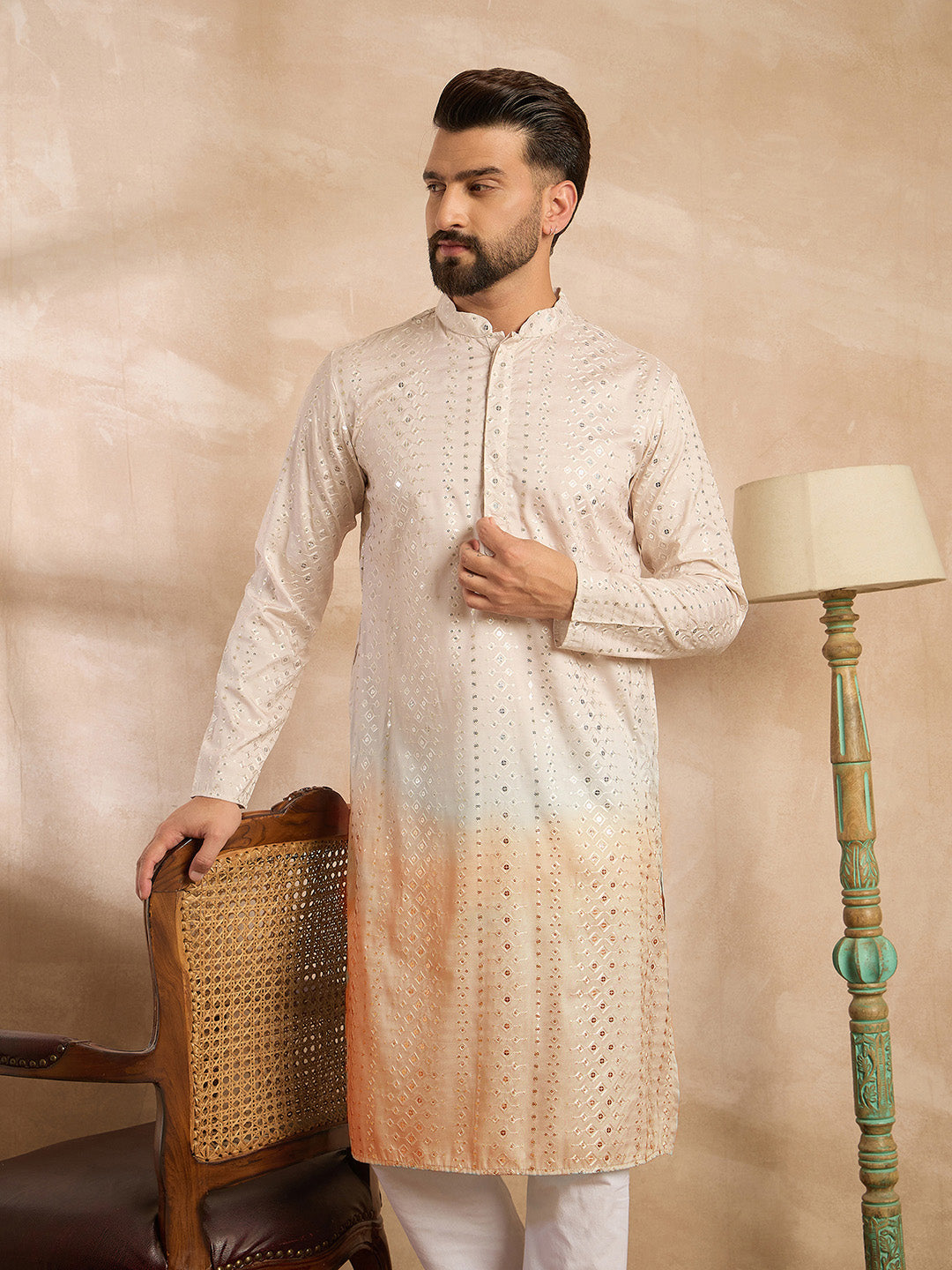 Men Peach Silk Blend Ombre Embroidered Straight Kurta Sets-MKSET1724