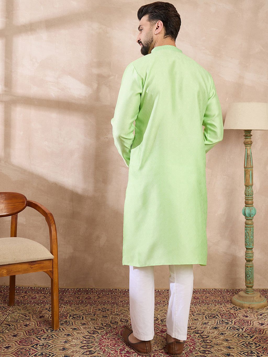 Men Green Silk Blend Solid Embroidered Straight Kurta With Trouser-MKSET1727
