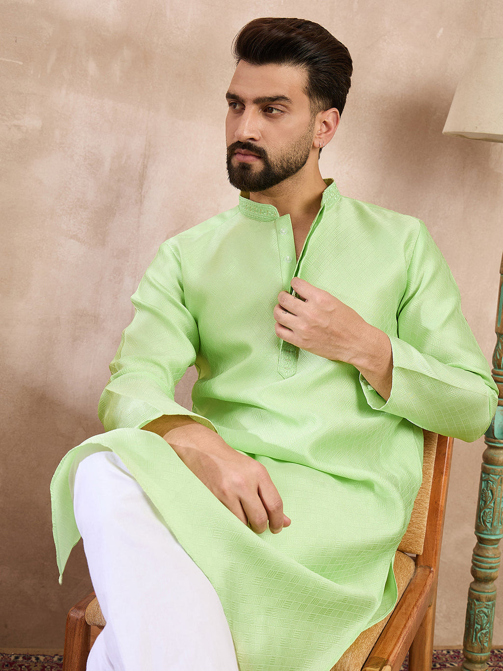 Men Green Silk Blend Solid Embroidered Straight Kurta With Trouser-MKSET1727