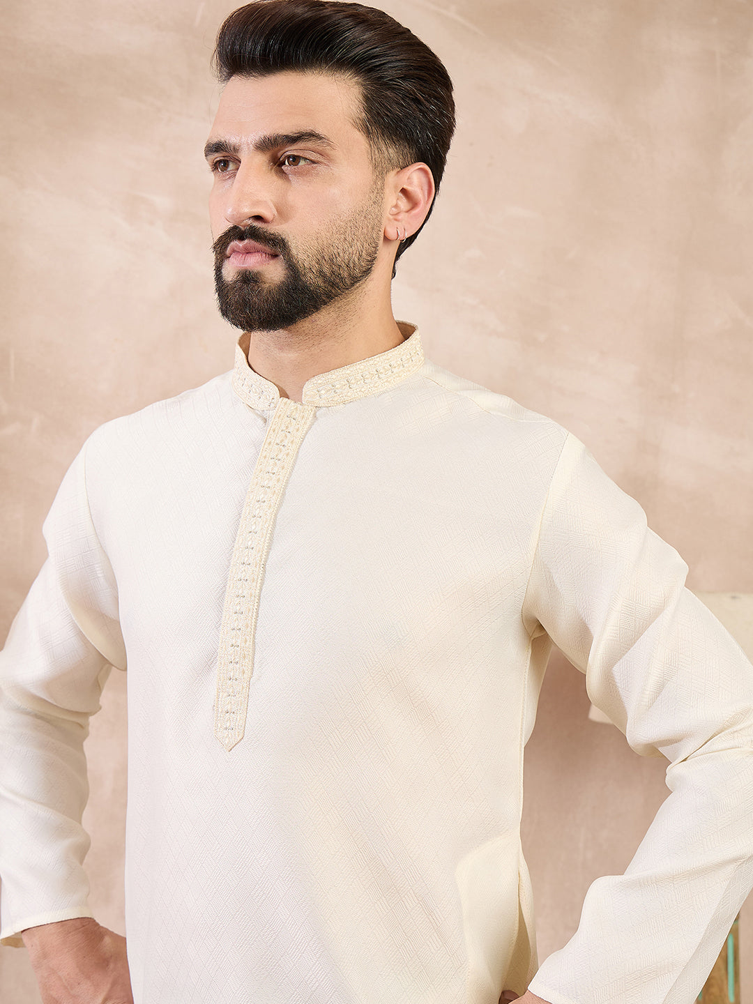 Men Off White Silk Blend Solid Embroidered Straight Kurta With Trouser-MKSET1728