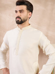 Men Off White Silk Blend Solid Embroidered Straight Kurta With Trouser-MKSET1728