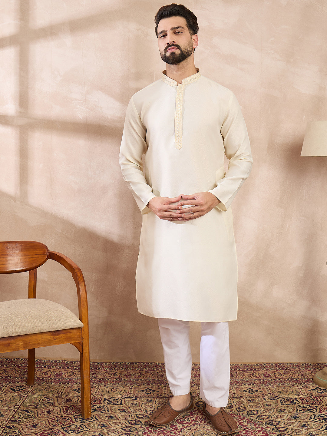 Men Off White Silk Blend Solid Embroidered Straight Kurta With Trouser-MKSET1728
