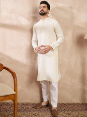 Men Off White Silk Blend Solid Embroidered Straight Kurta With Trouser-MKSET1728