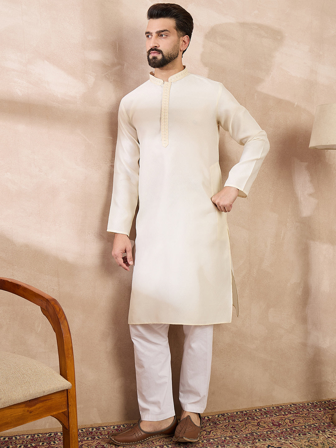 Men Off White Silk Blend Solid Embroidered Straight Kurta With Trouser-MKSET1728