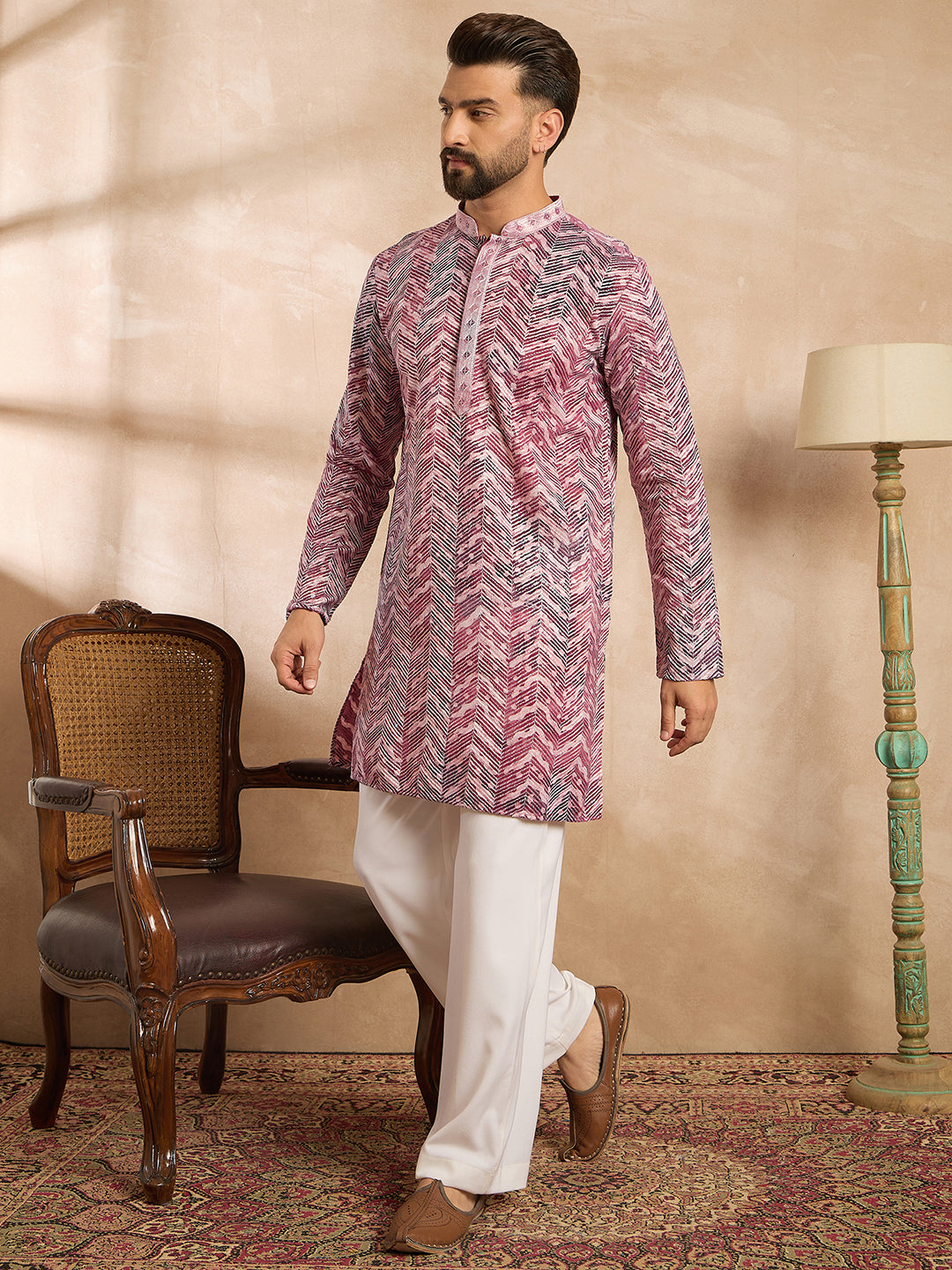 Men Maroon Silk Blend Solid Embroidered Straight Kurta Sets-MKSET1729