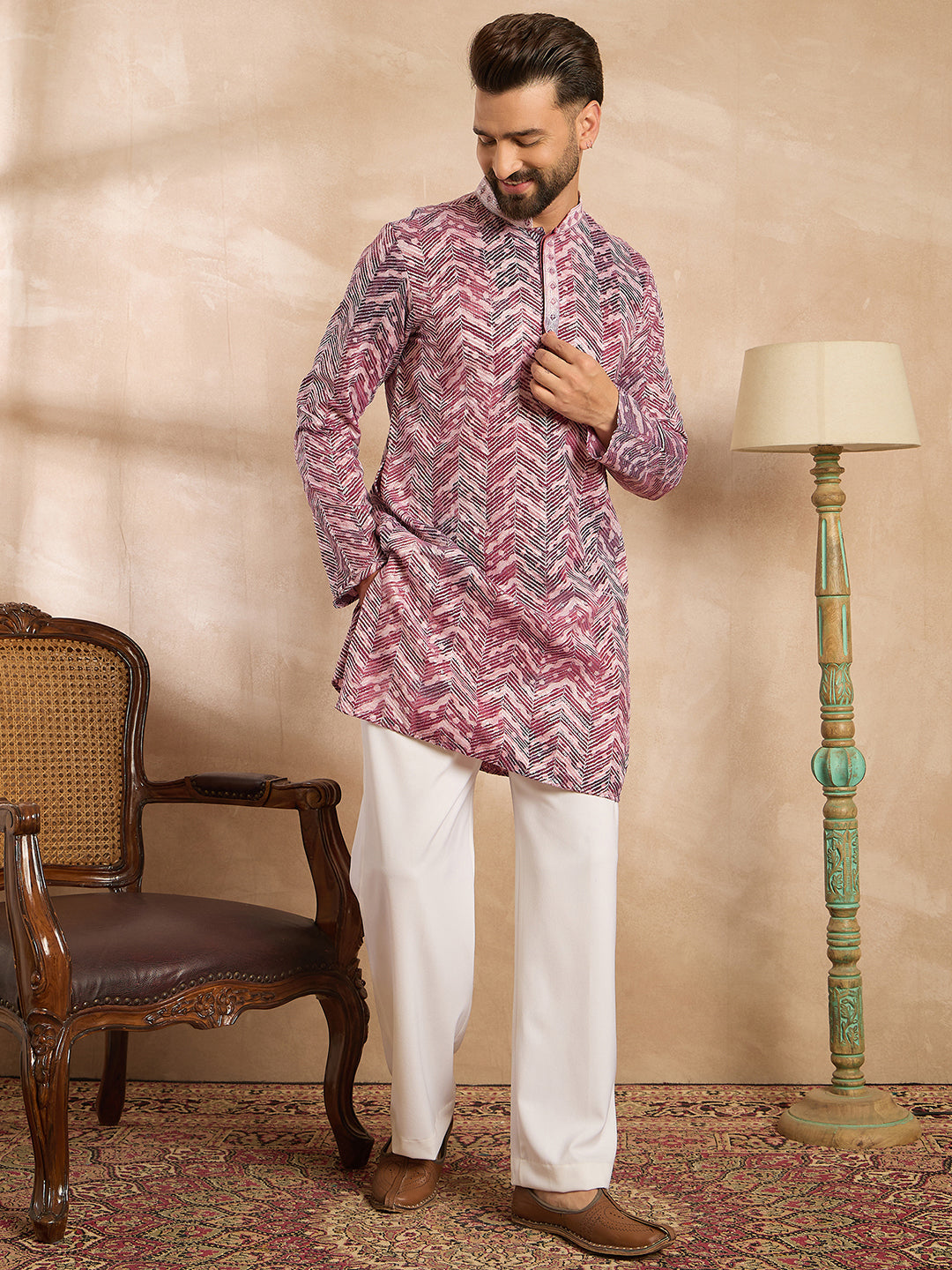 Men Maroon Silk Blend Solid Embroidered Straight Kurta Sets-MKSET1729