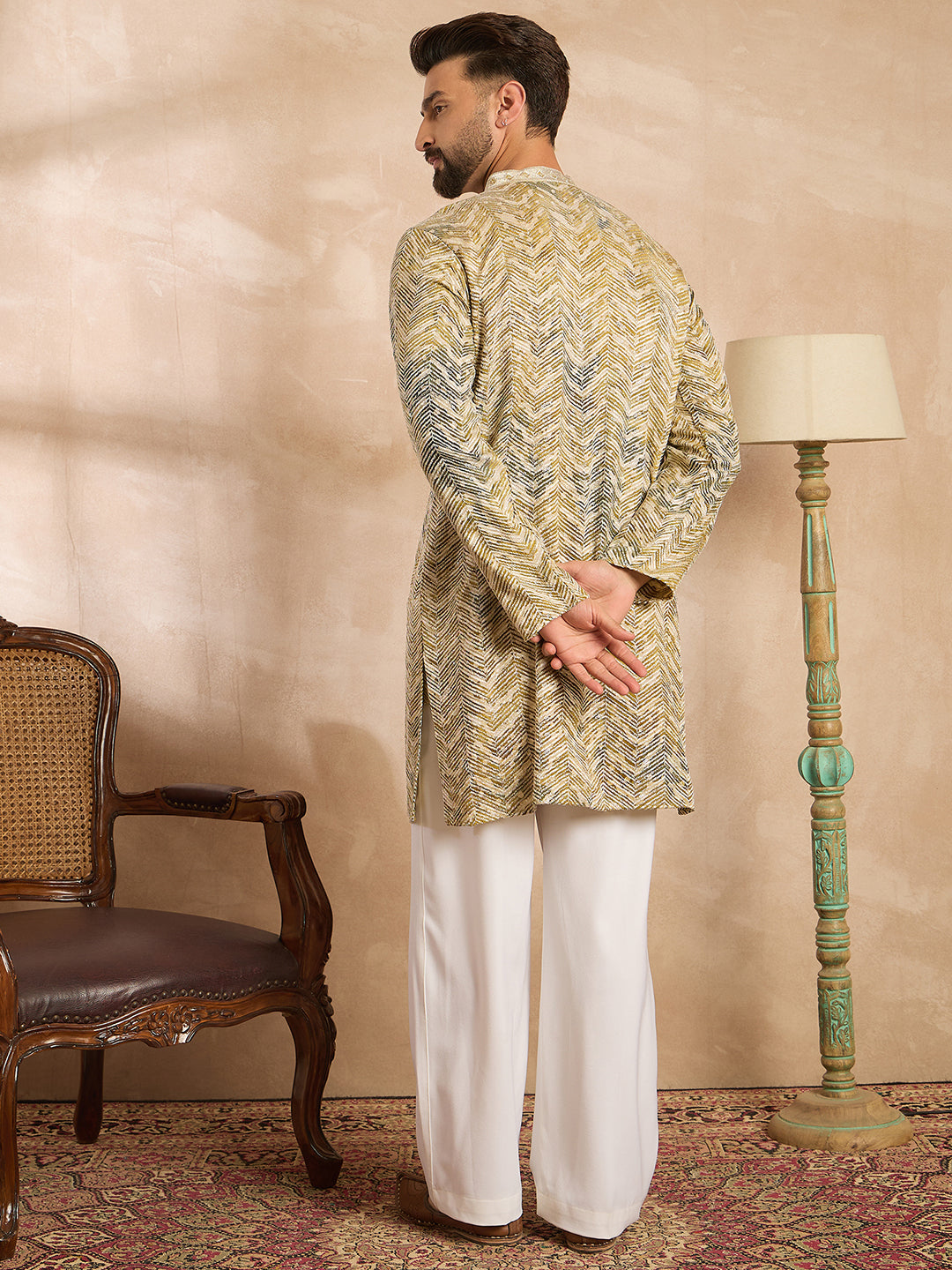 Men Green Silk Blend Solid Embroidered Straight Kurta Sets-MKSET1730