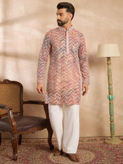 Men Orange Silk Blend Solid Embroidered Straight Kurta Sets-MKSET1731