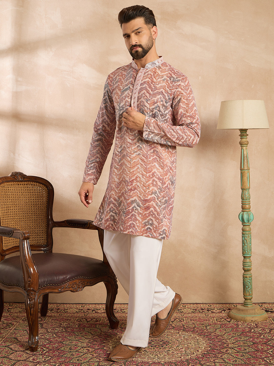Men Orange Silk Blend Solid Embroidered Straight Kurta Sets-MKSET1731