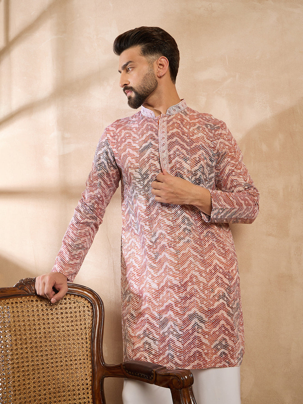 Men Orange Silk Blend Solid Embroidered Straight Kurta Sets-MKSET1731