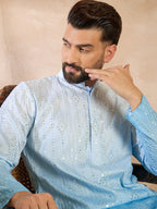 Men Blue Silk Blend Ombre Embroidered Straight Kurta Sets-MKSET1732