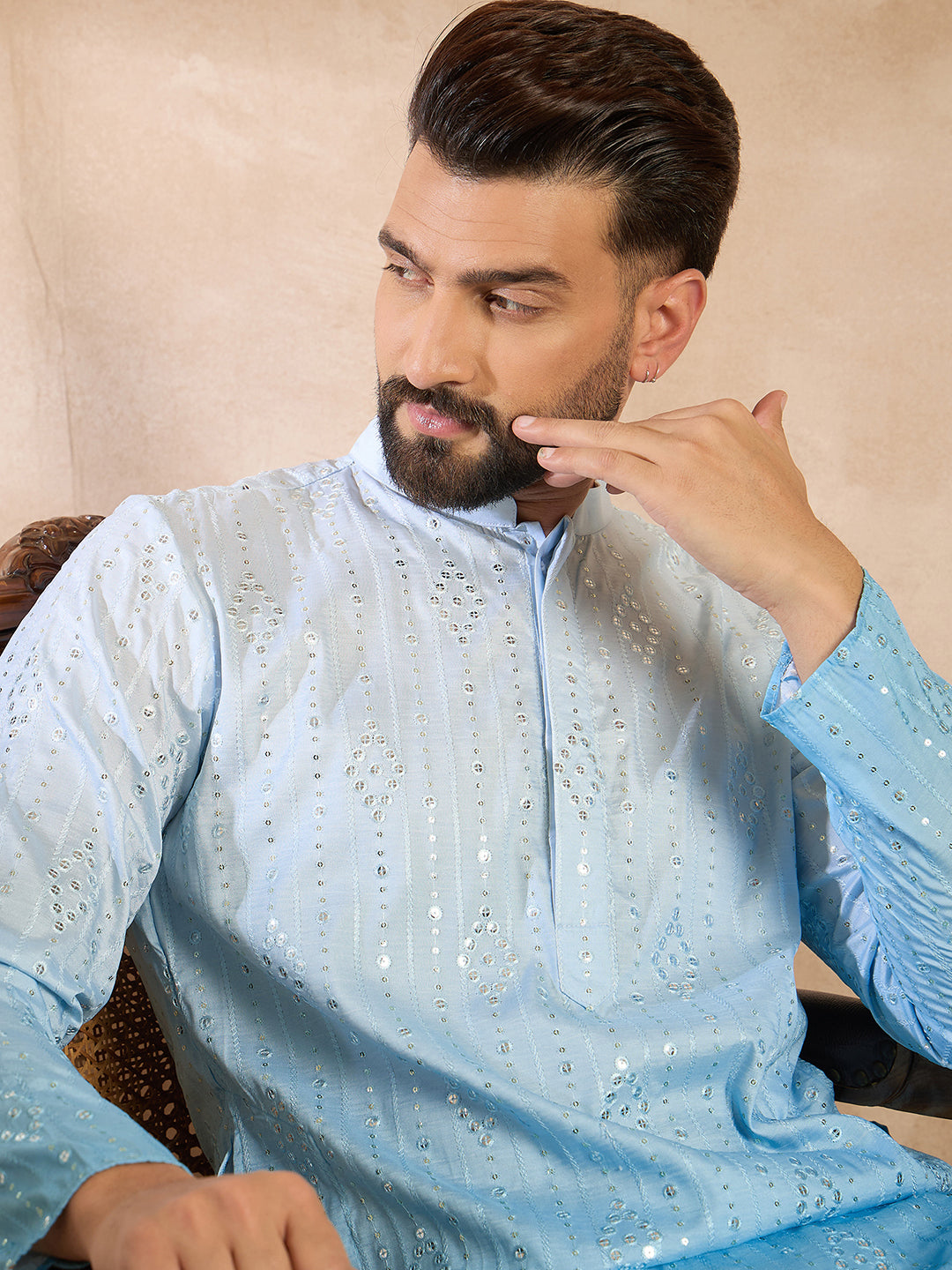 Men Blue Silk Blend Ombre Embroidered Straight Kurta Sets-MKSET1732