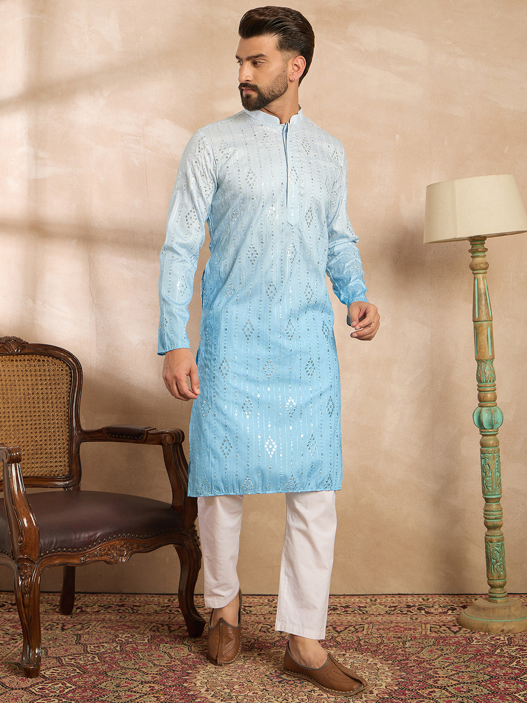 Men Blue Silk Blend Ombre Embroidered Straight Kurta Sets-MKSET1732