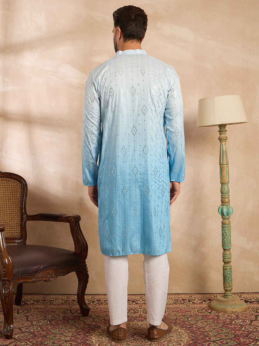 Men Blue Silk Blend Ombre Embroidered Straight Kurta Sets-MKSET1732