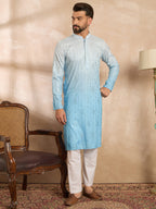 Men Blue Silk Blend Ombre Embroidered Straight Kurta Sets-MKSET1732