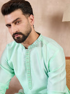 Men Blue Silk Blend Solid Embroidered Straight Kurta With Trouser-MKSET1734