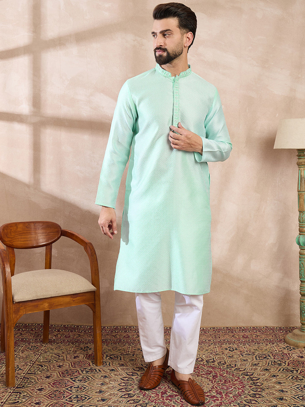 Men Blue Silk Blend Solid Embroidered Straight Kurta With Trouser-MKSET1734
