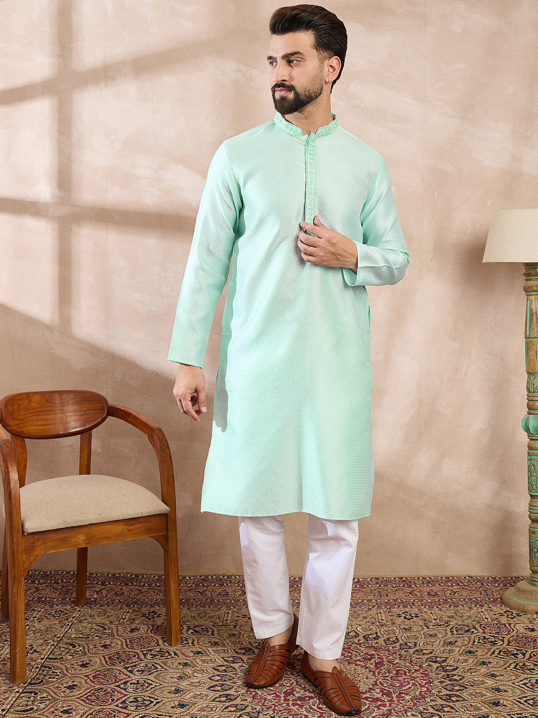 Men Blue Silk Blend Solid Embroidered Straight Kurta With Trouser-MKSET1734