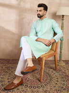 Men Blue Silk Blend Solid Embroidered Straight Kurta With Trouser-MKSET1734