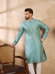 Men Green Polyester Solid Embroidered Straight Kurta Sets-MKSET1735
