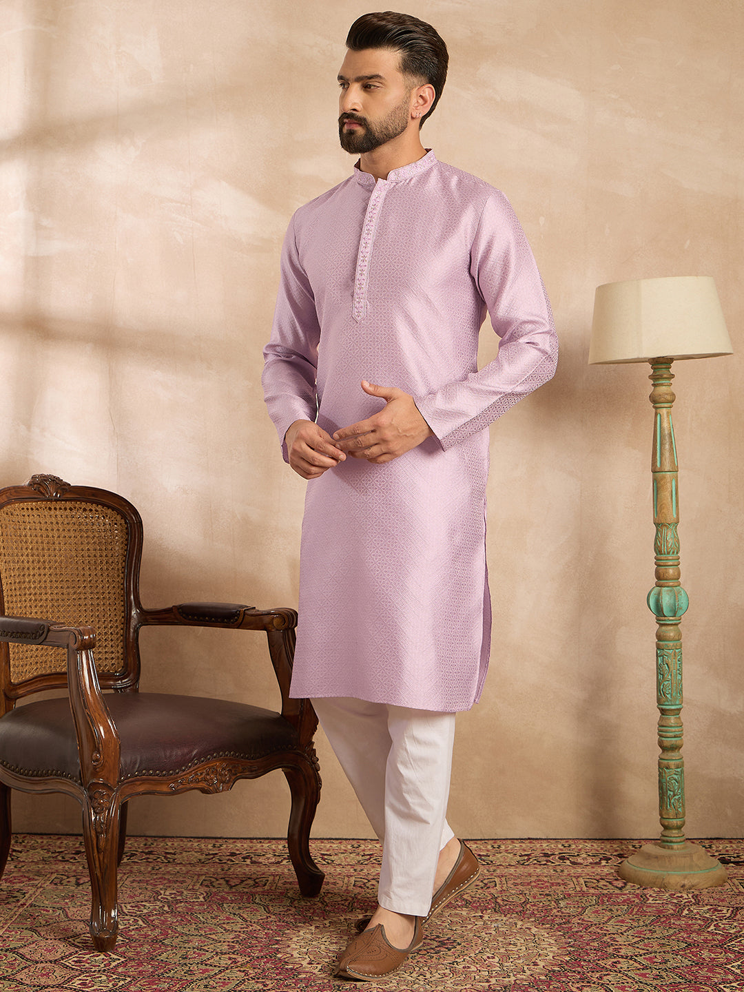 Men Lavender Polyester Solid Embroidered Straight Kurta Sets-MKSET1736