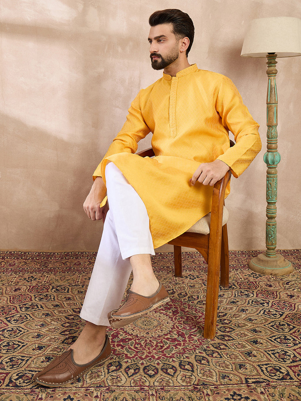 Men Yellow Silk Blend Solid Embroidered Straight Kurta With Trouser-MKSET1737