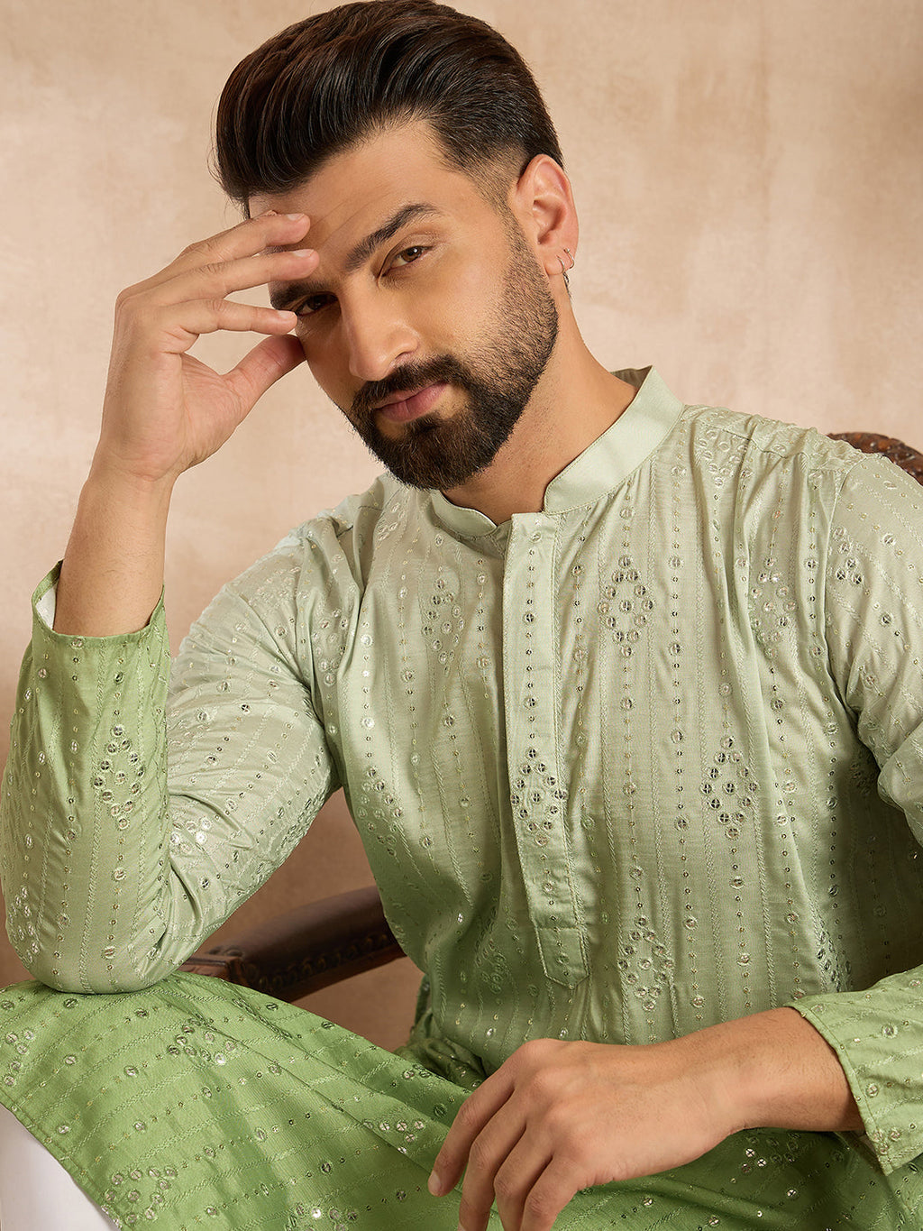 Men Green Silk Blend Ombre Embroidered Straight Kurta Sets-MKSET1738