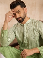 Men Green Silk Blend Ombre Embroidered Straight Kurta Sets-MKSET1738