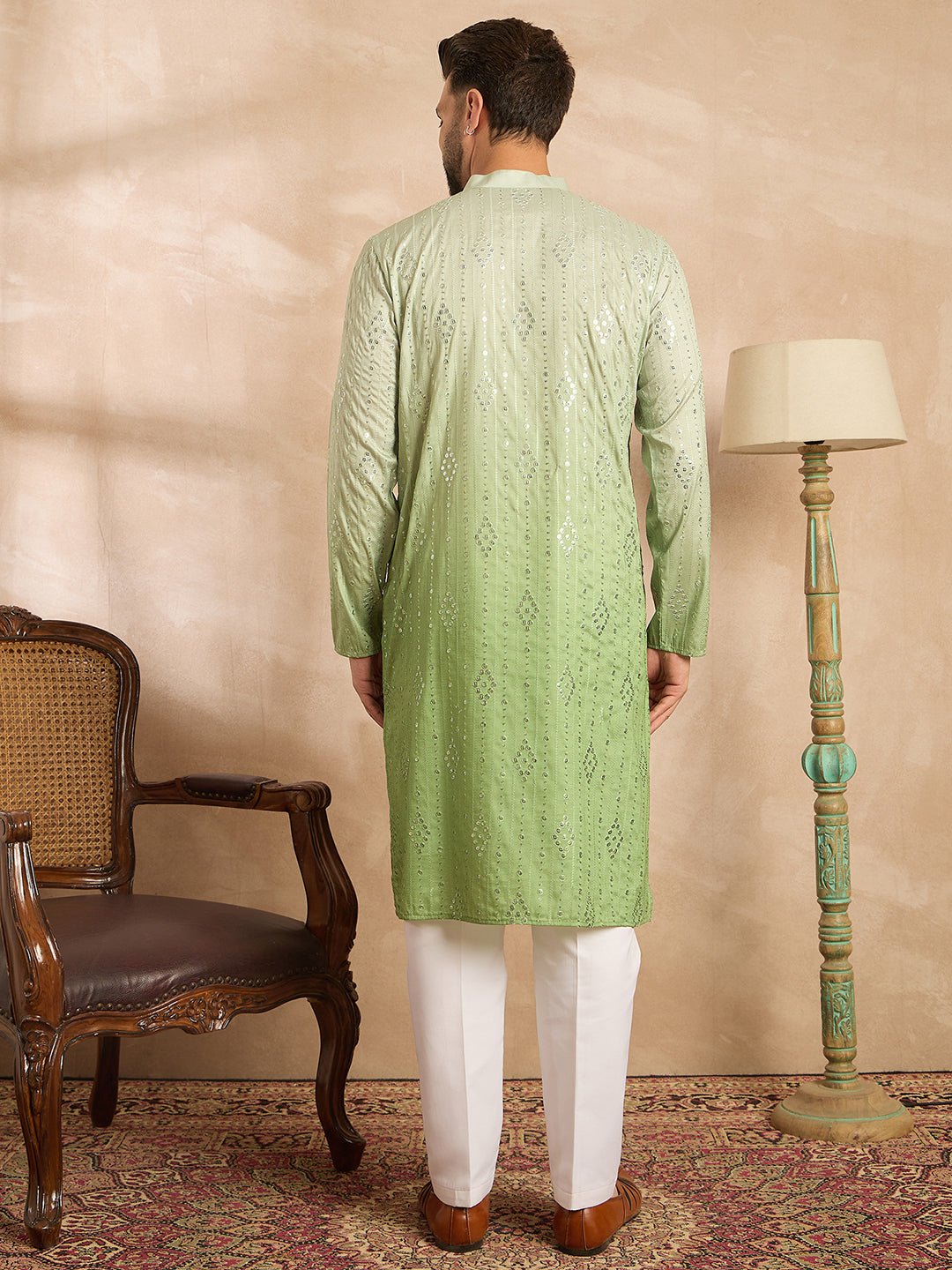 Men Green Silk Blend Ombre Embroidered Straight Kurta Sets-MKSET1738