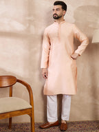 Men Peach Silk Blend Solid Embroidered Straight Kurta With Trouser-MKSET1739