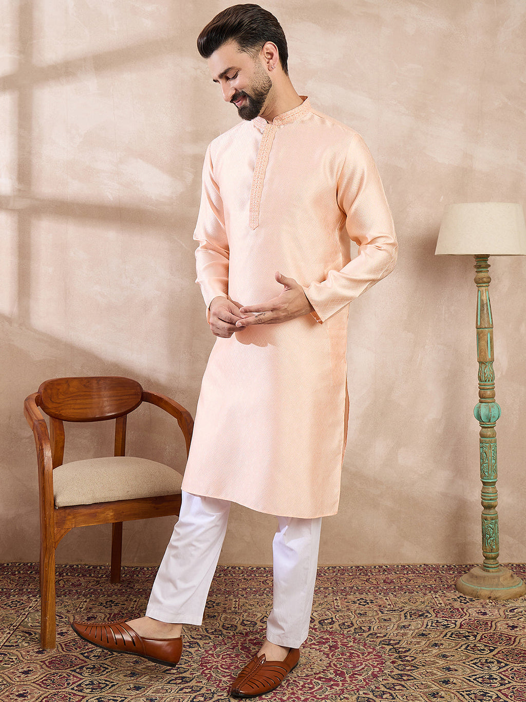 Men Peach Silk Blend Solid Embroidered Straight Kurta With Trouser-MKSET1739
