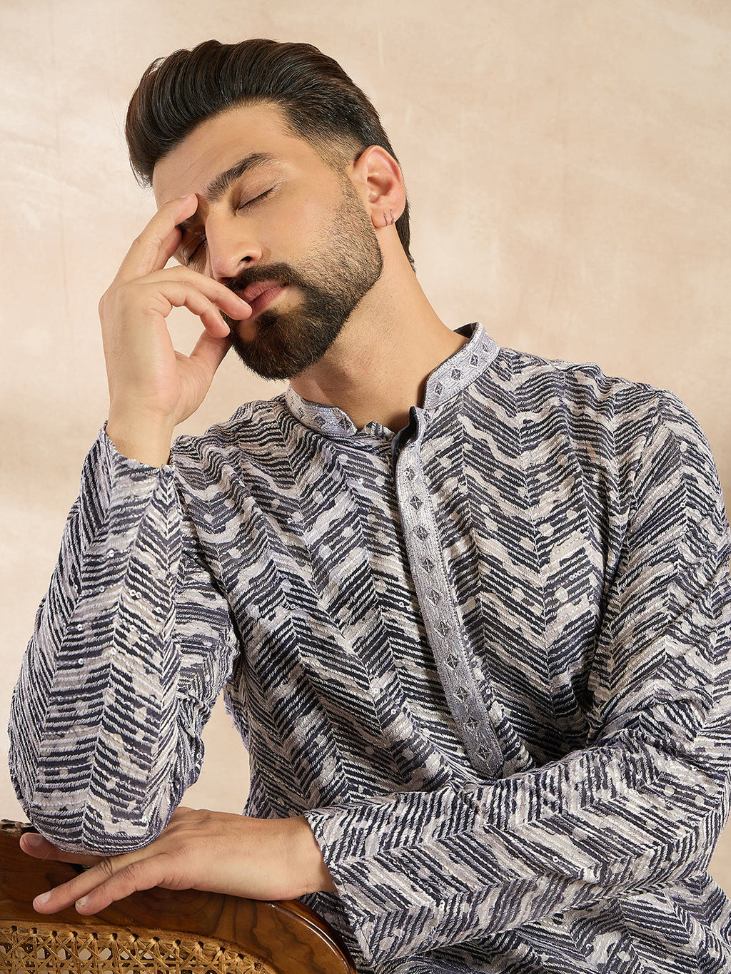 Men Navy Blue Polyester Batik Embroidered Straight Kurta Sets-MKSET1741