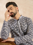 Men Navy Blue Polyester Batik Embroidered Straight Kurta Sets-MKSET1741
