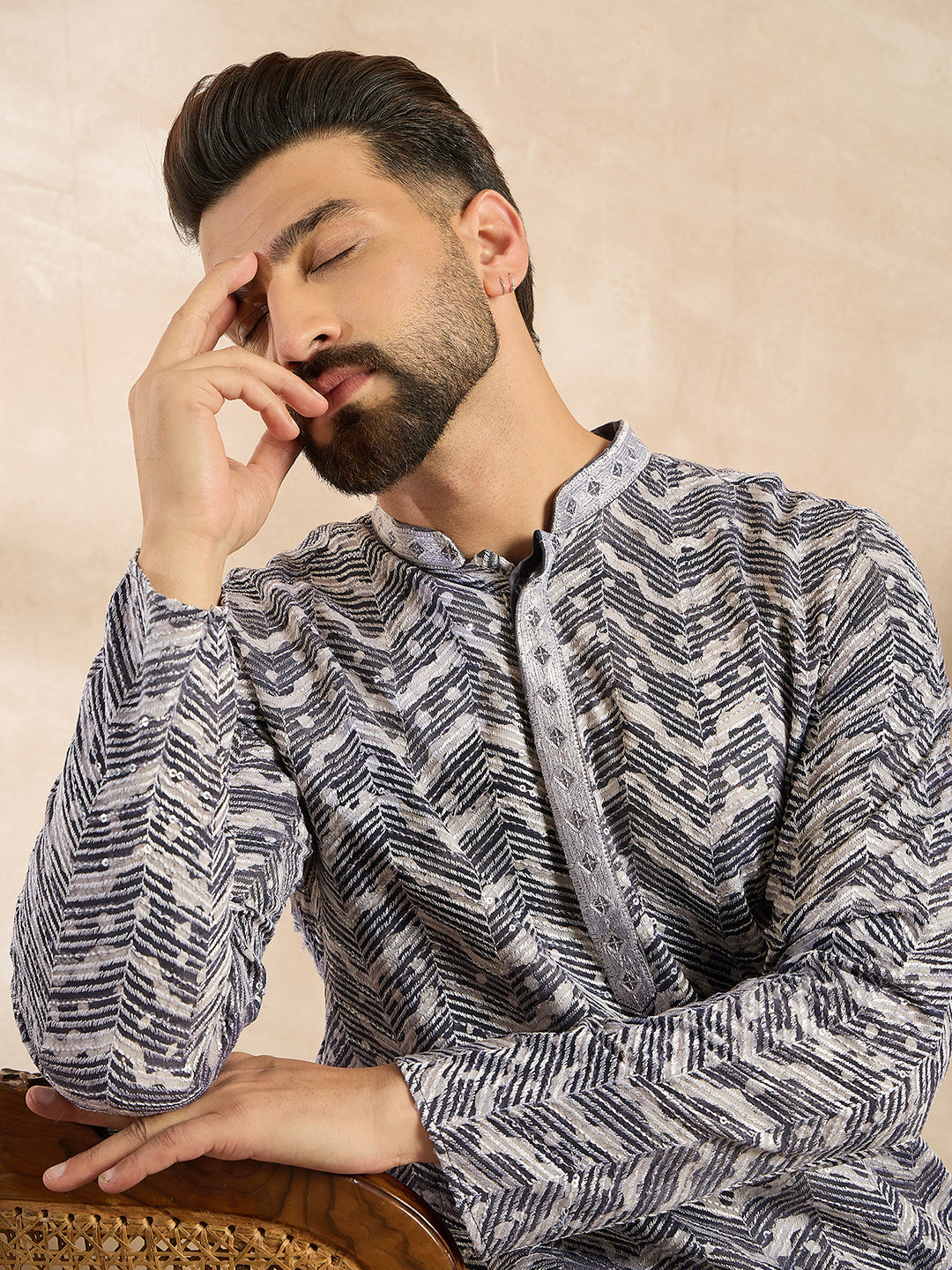 Men Navy Blue Polyester Batik Embroidered Straight Kurta Sets-MKSET1741