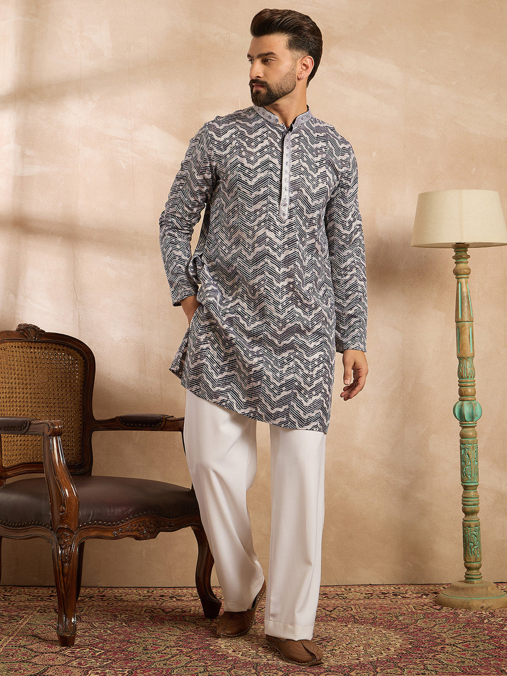 Men Navy Blue Polyester Batik Embroidered Straight Kurta Sets-MKSET1741