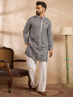 Men Navy Blue Polyester Batik Embroidered Straight Kurta Sets-MKSET1741