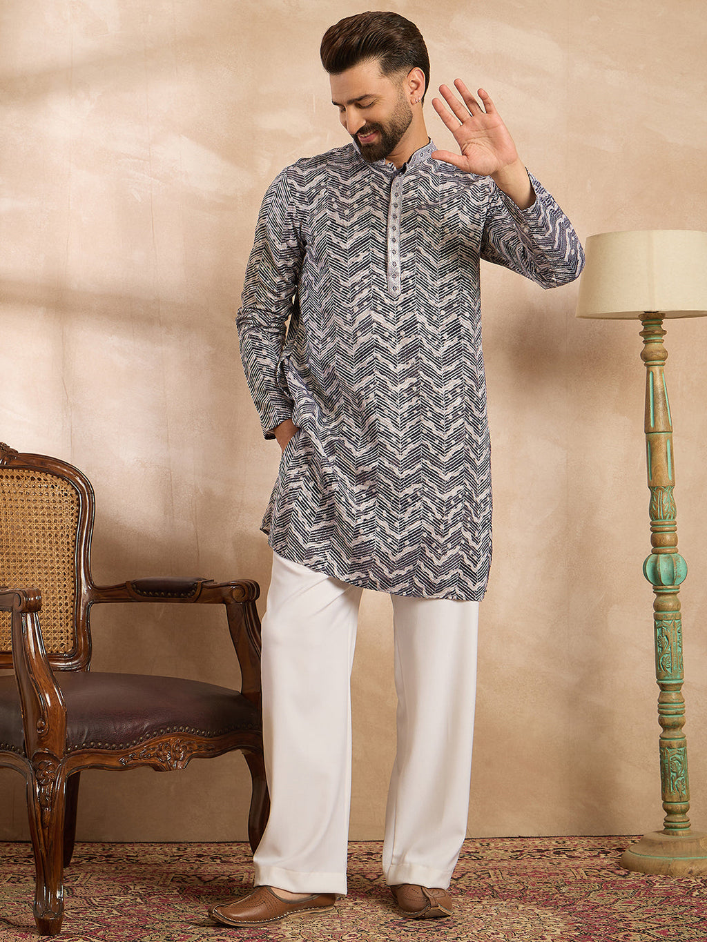 Men Navy Blue Polyester Batik Embroidered Straight Kurta Sets-MKSET1741
