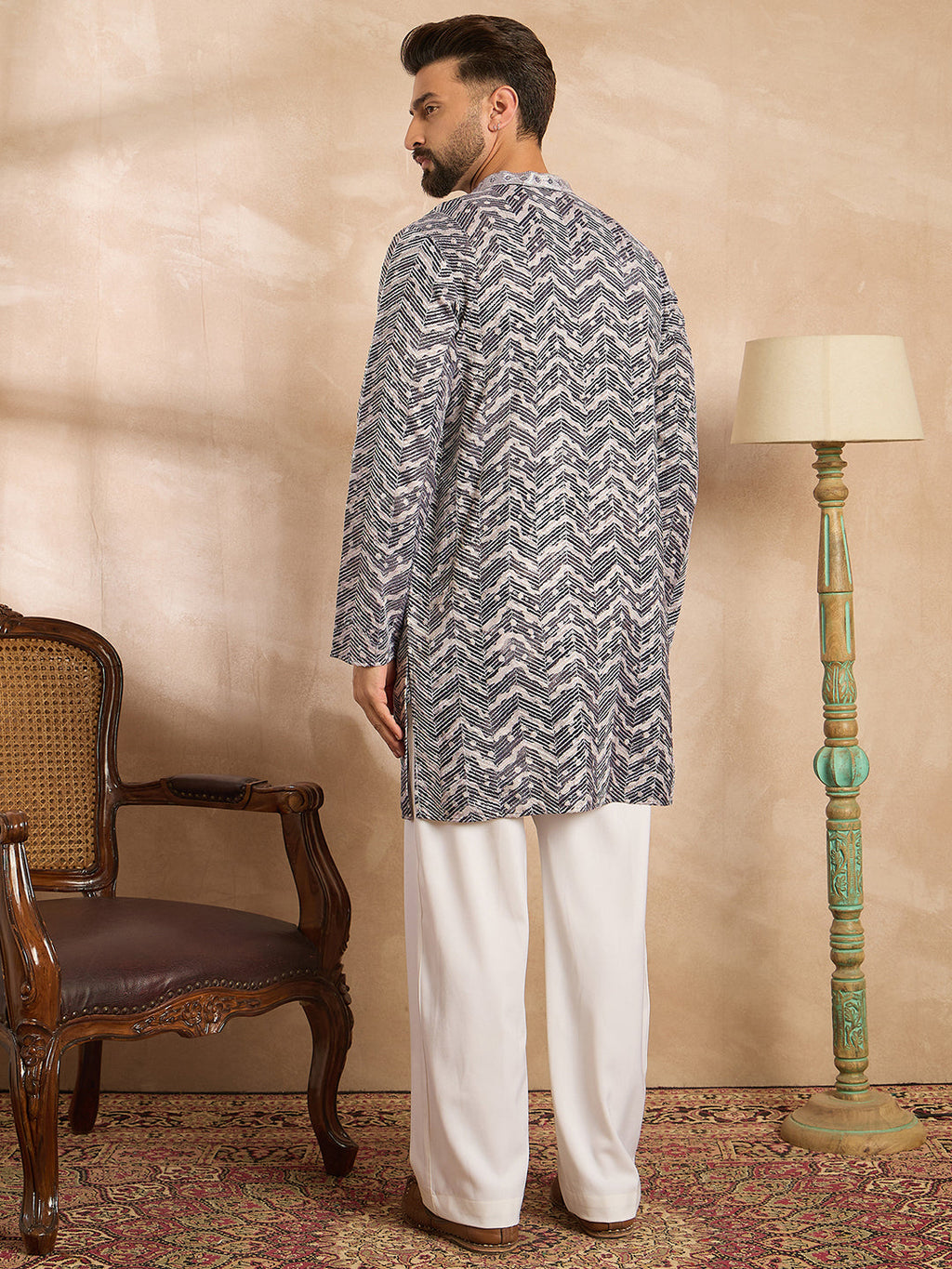 Men Navy Blue Polyester Batik Embroidered Straight Kurta Sets-MKSET1741