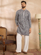 Men Navy Blue Polyester Batik Embroidered Straight Kurta Sets-MKSET1741