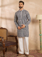 Men Navy Blue Polyester Batik Embroidered Straight Kurta Sets-MKSET1741