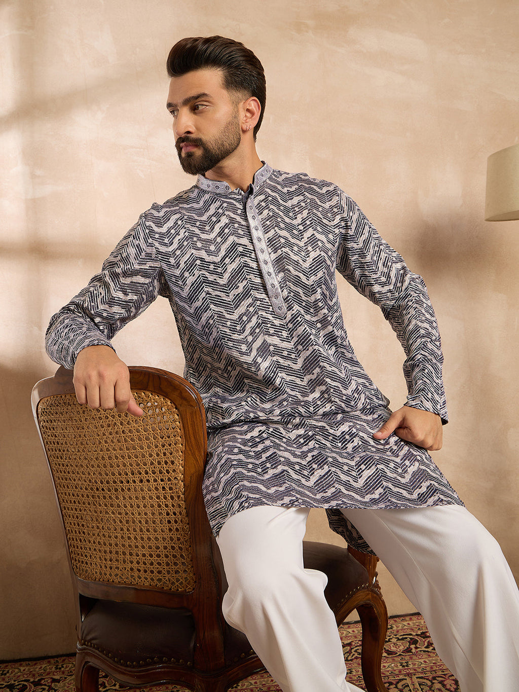 Men Navy Blue Polyester Batik Embroidered Straight Kurta Sets-MKSET1741