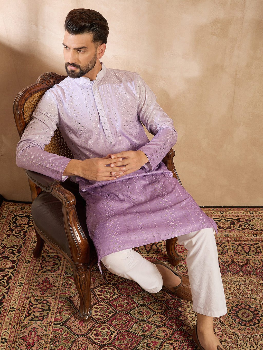 Men Lavender Silk Blend Ombre Embroidered Straight Kurta Sets-MKSET1752