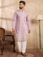 Men Lavender Polyester Solid Embroidered Straight Kurta Sets-MKSET1753