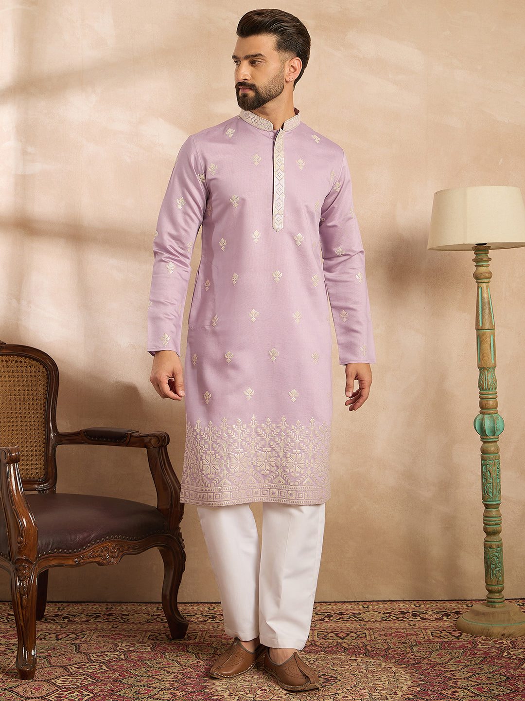 Men Lavender Polyester Solid Embroidered Straight Kurta Sets-MKSET1753